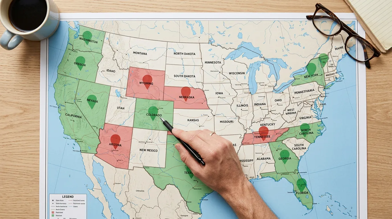 Map of United States showing sweepstakes casino availability by state in 2026