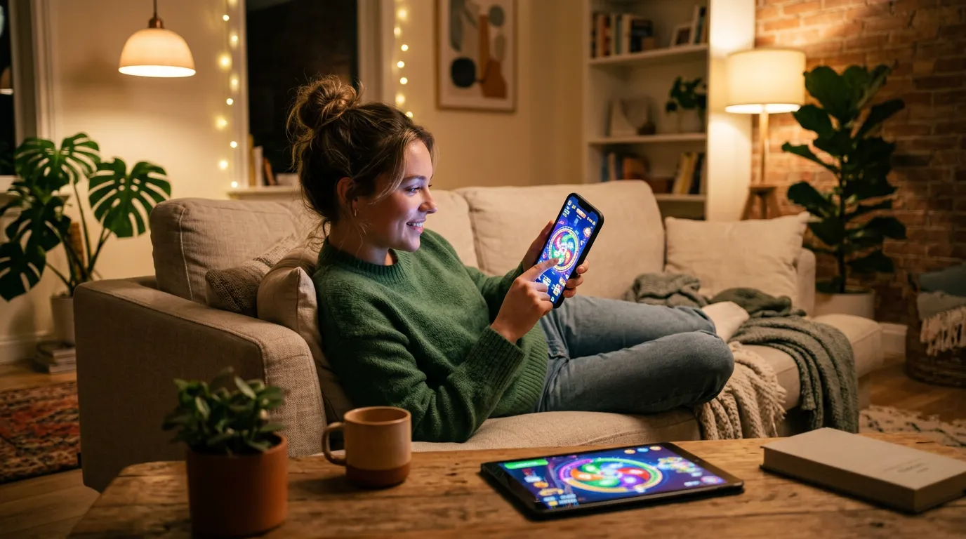 Person playing sweepstakes casino games on smartphone and tablet devices
