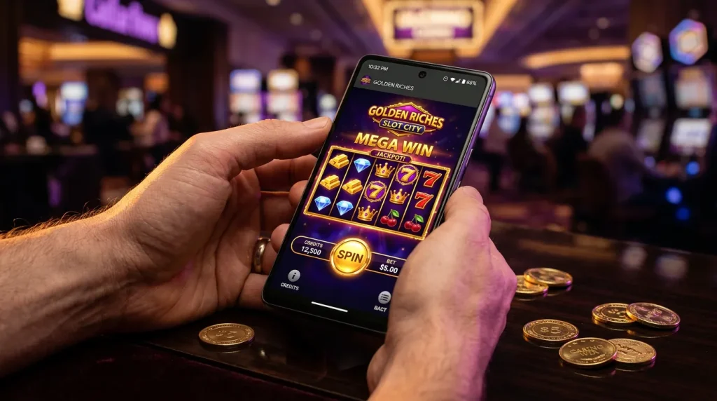 Android phone with sweepstakes casino app and gold coins