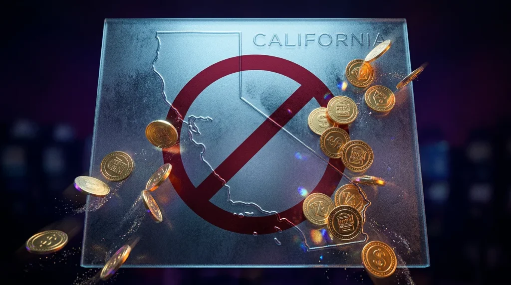 California state with stop sign and sweepstakes casino restriction