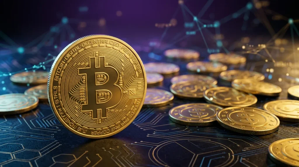 Bitcoin symbol with sweepstakes casino coins on digital background