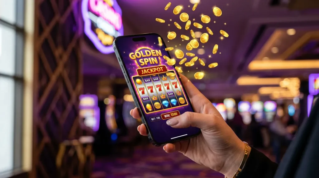 Pulsz casino on mobile phone with colorful slots