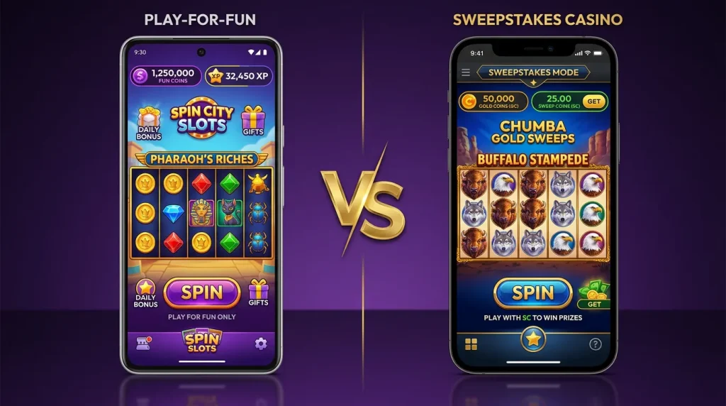 Two casino game screens showing social vs sweepstakes difference