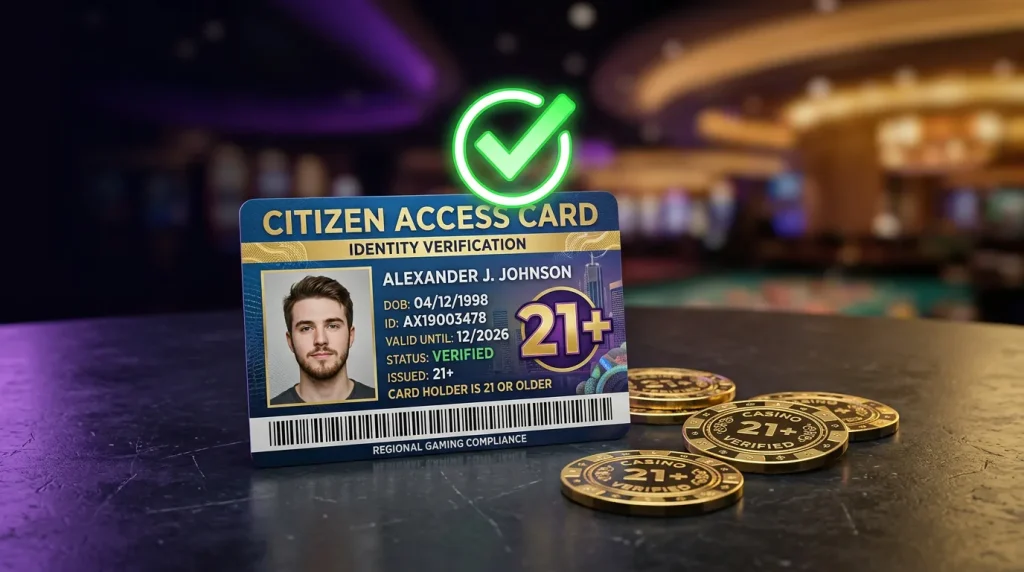 ID card showing age 21 with casino entry verification