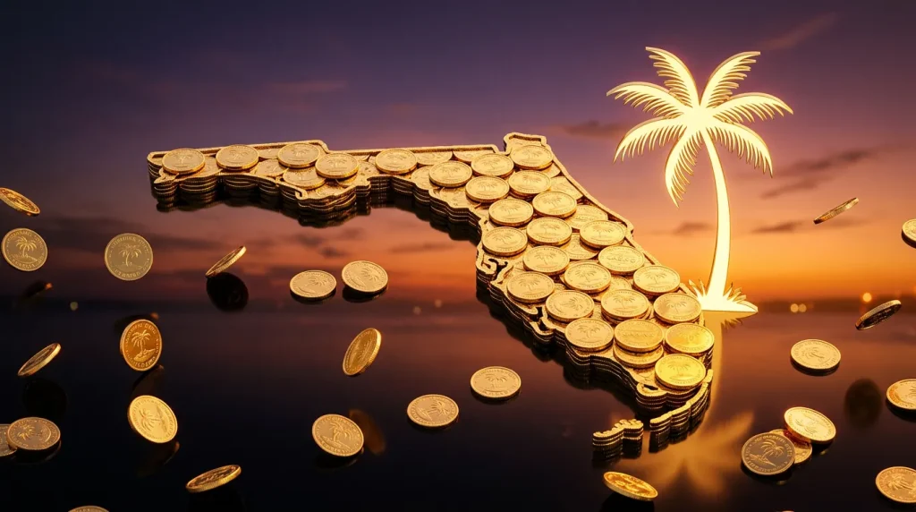 Florida palm trees with sweepstakes casino coins and sun