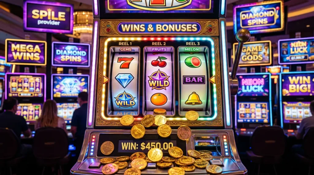 Slot machine reels with game provider logos and gold coins