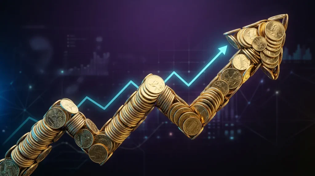 Upward trend arrow with gold coins and market forecast