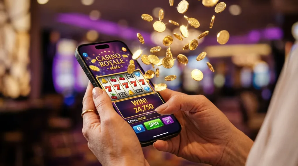 Sweepstakes casino app on iPhone screen with gold coins
