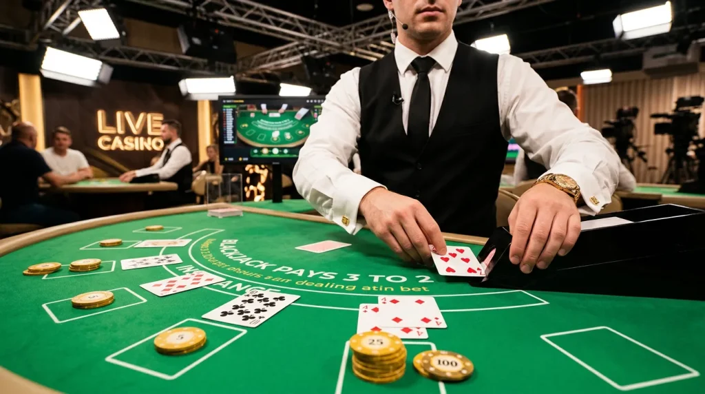 Live dealer at casino table with cards and streaming setup
