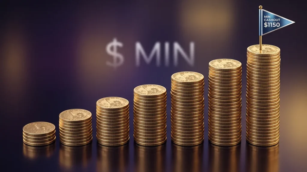 Gold coins stack showing minimum cashout threshold