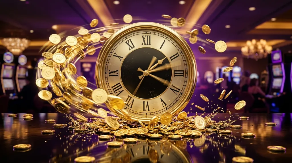 Clock with gold coins showing fast sweepstakes casino payout