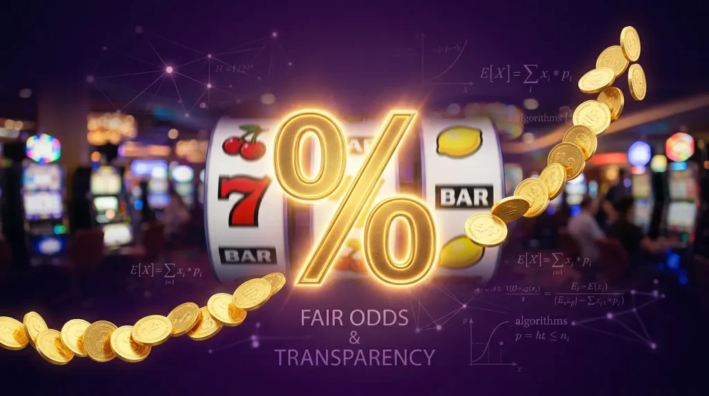 Percentage symbol with slot reels showing RTP concept