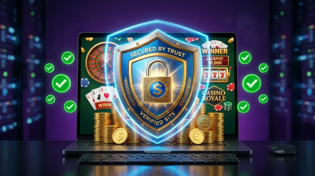 Security checkmark shield protecting online casino player