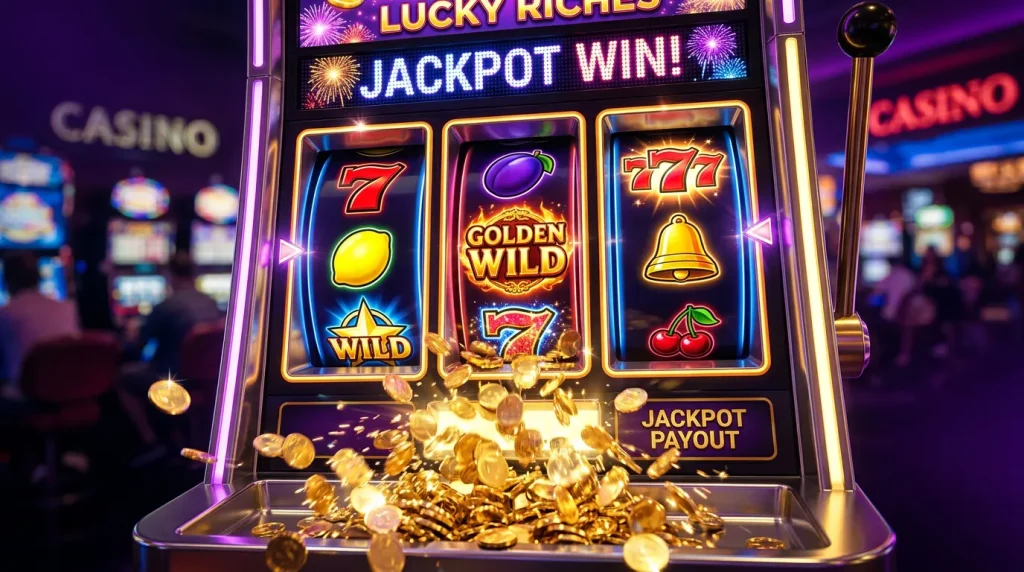 Colorful slot machine reels with gold coins and winning symbols