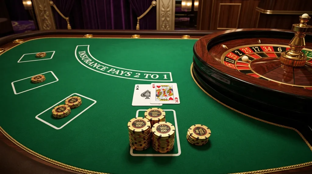 Blackjack cards and roulette wheel with gold chips