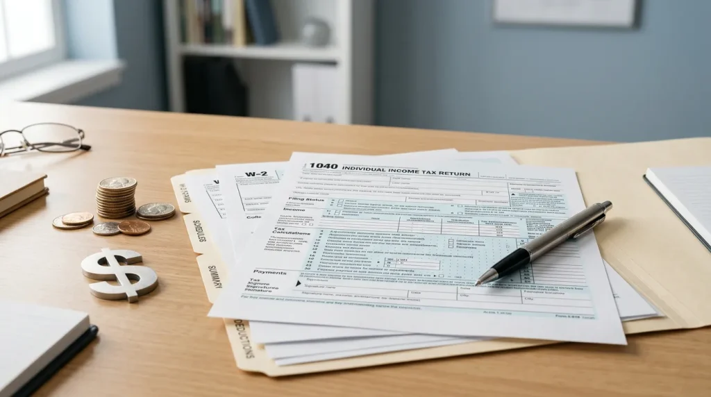 Tax form with gold coins and dollar symbol for winnings