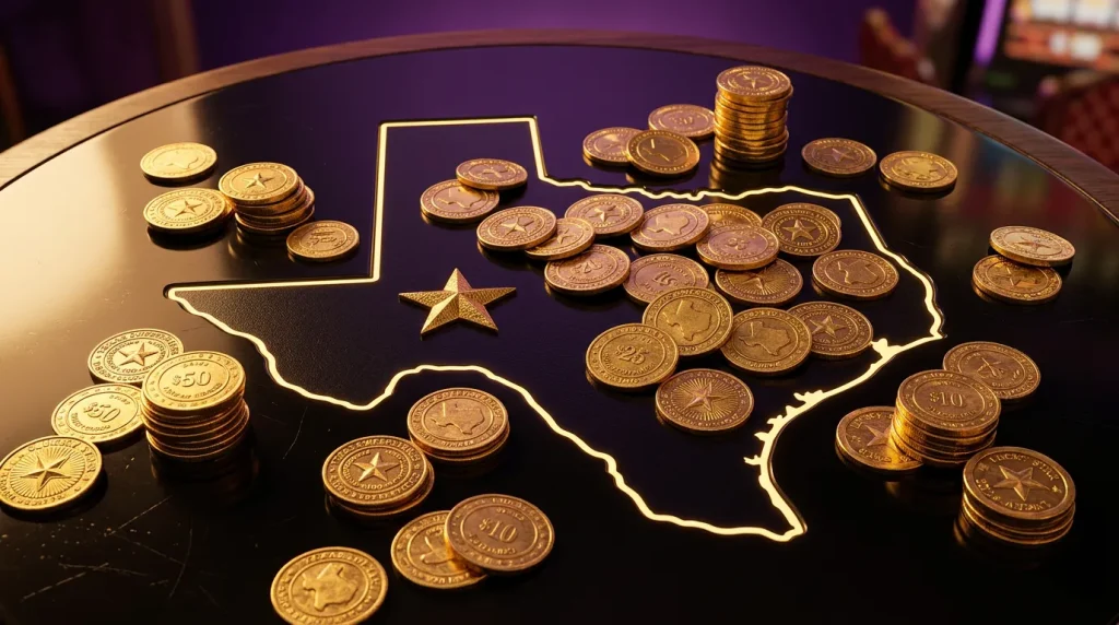 Texas state outline with sweepstakes casino gold coins
