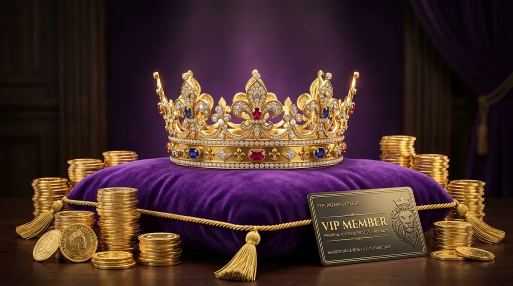 VIP crown badge with gold coins and premium perks