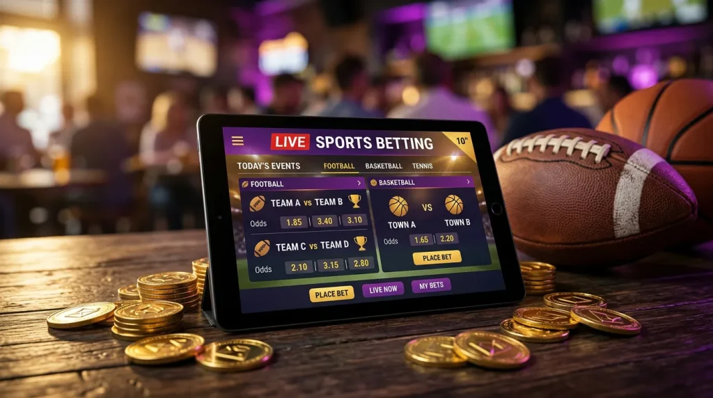 Sports stadium with gold coins and betting interface